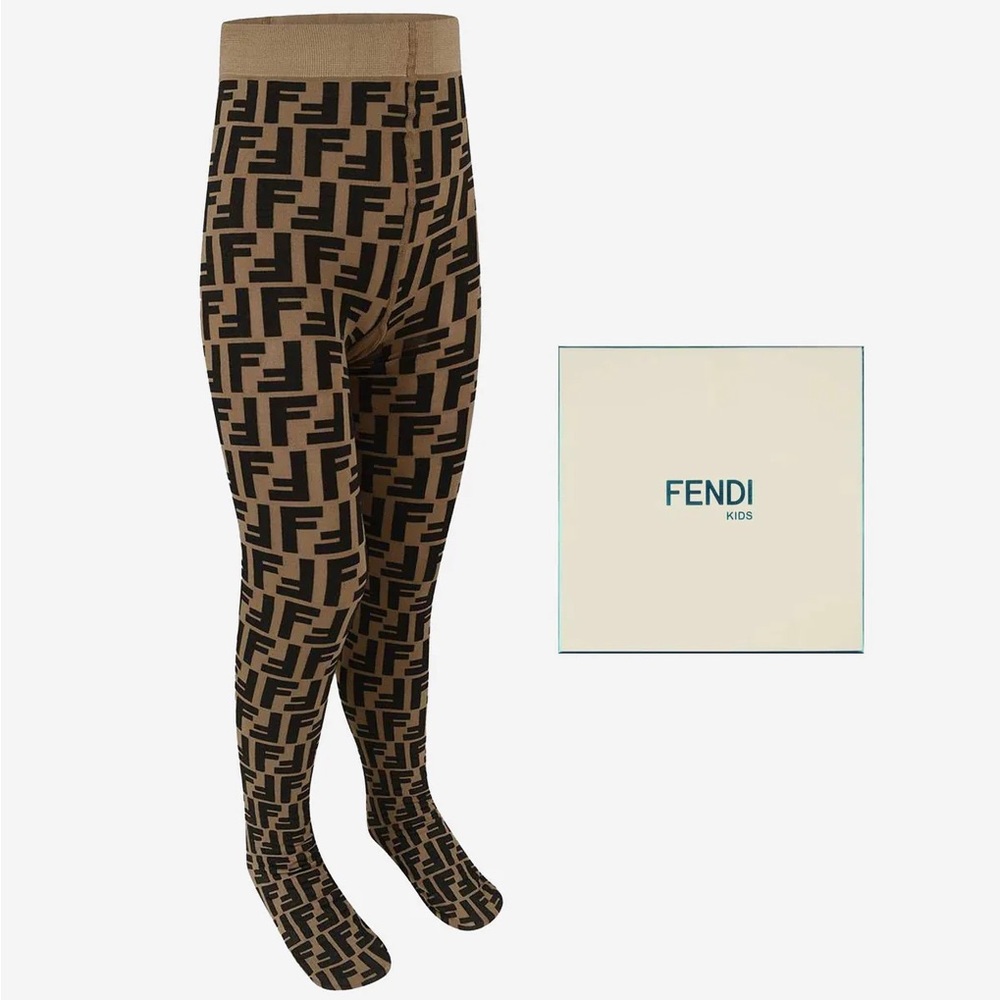 Fendi Girls Brown FF Black Logo Stockings Tights Fashion Designer Size 6-8yr old